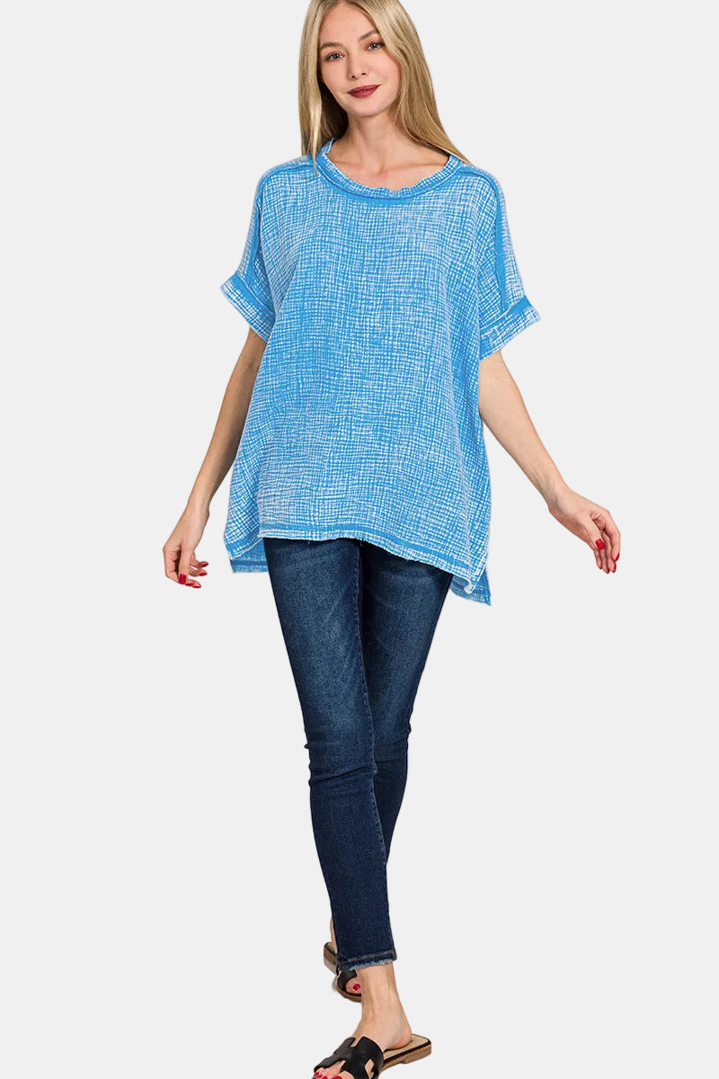 Acid Washed Double Gauze Round-Neck Cuffed Short Sleeve Tee / ASH JADE