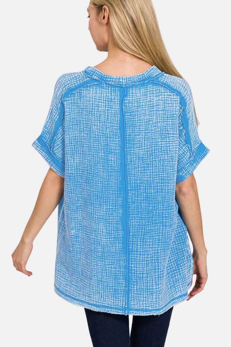 Acid Washed Double Gauze Round-Neck Cuffed Short Sleeve Tee / ASH JADE