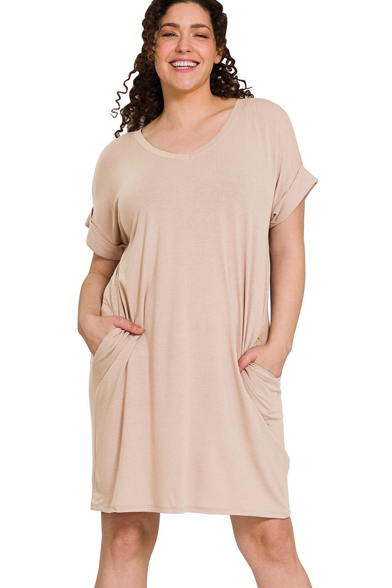 Plus Rolled Short Sleeve V-Neck Dress