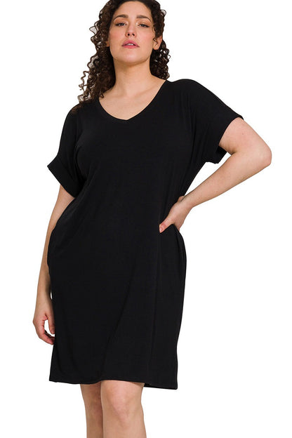 Plus Rolled Short Sleeve V-Neck Dress