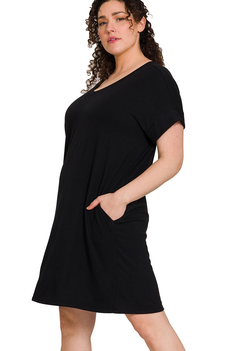 Plus Rolled Short Sleeve V-Neck Dress