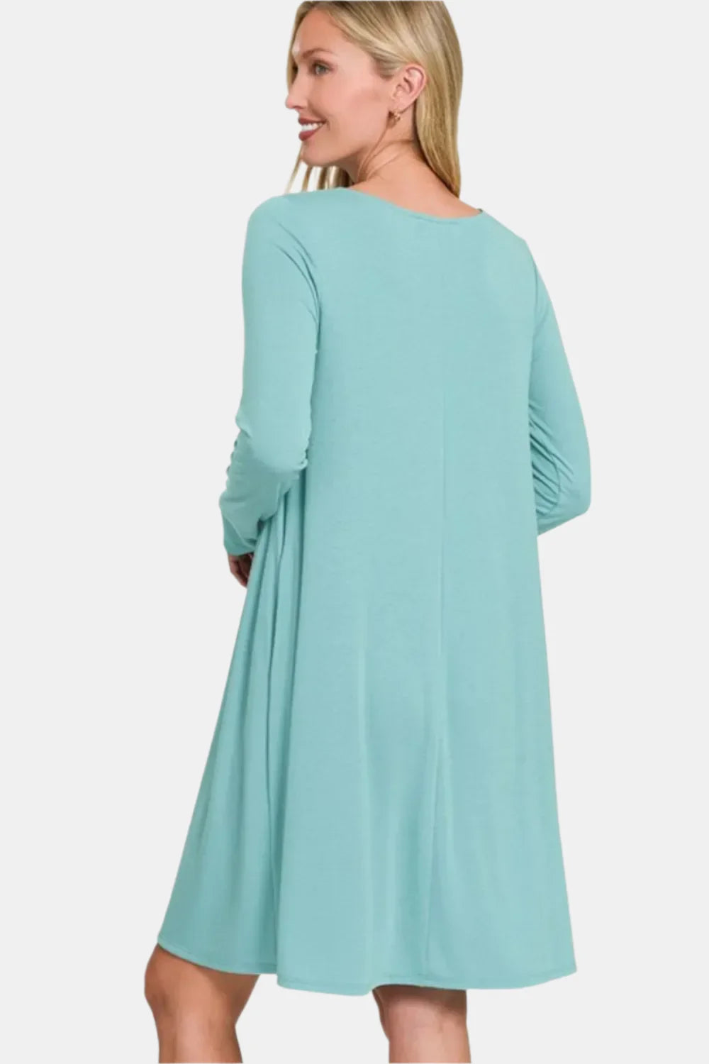 Long Sleeve Flare Dress With Pockets / DUSTY TEAL