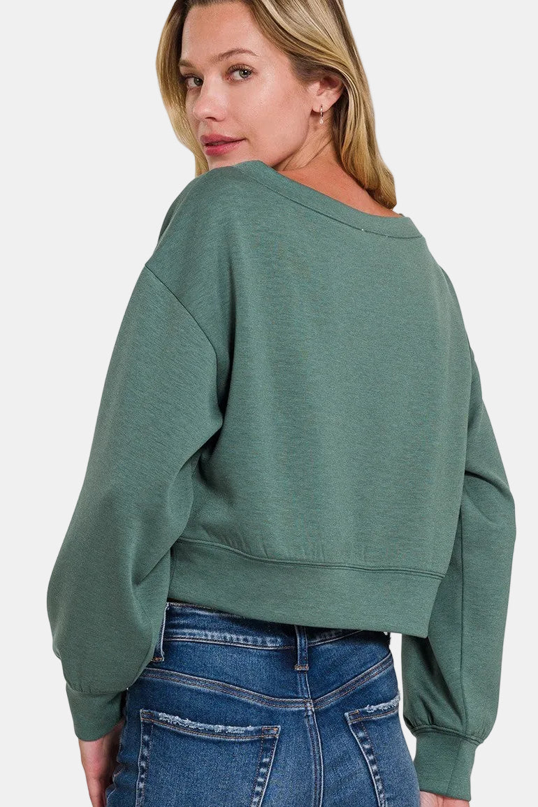 Scuba Cropped Boat Neck Pullover Sweatshirt / RUBY