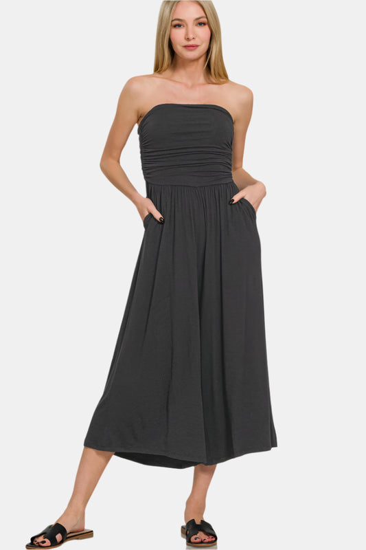 Double Layered Strapless Tube Top Jumpsuit / BLACK