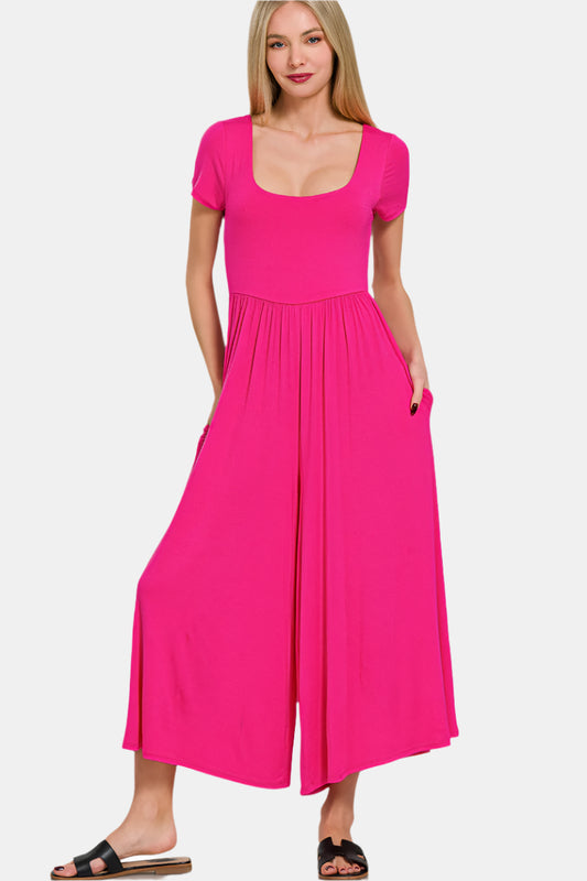 Double Layered Short Sleeve Jumpsuit / HOT PINK