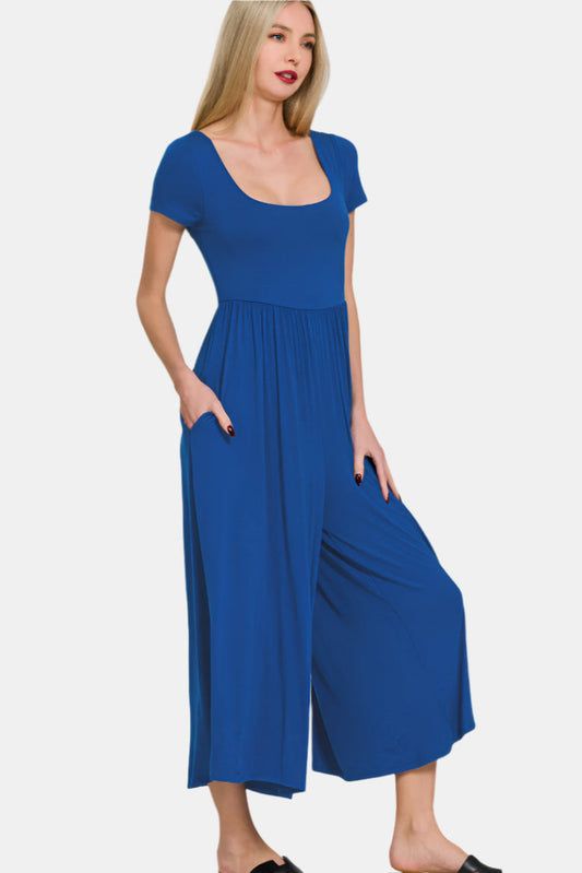 Double Layered Short Sleeve Jumpsuit / LT NAVY