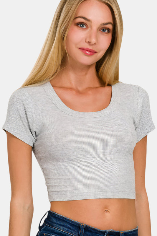 Ribbed Scoop Neck Crop Short Sleeve Top / H GREY