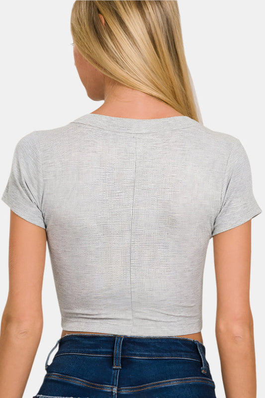 Ribbed Scoop Neck Crop Short Sleeve Top / H GREY