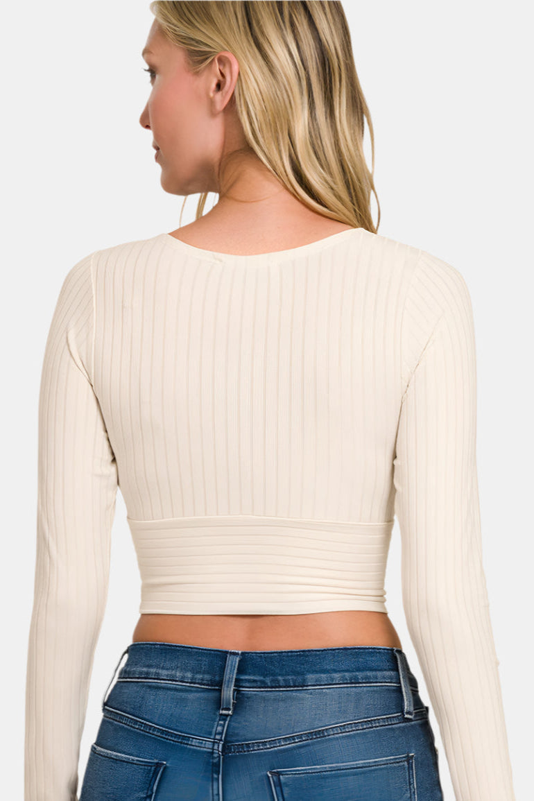 Ribbed Surplice Waist Band Long Sleeve Top / BLACK
