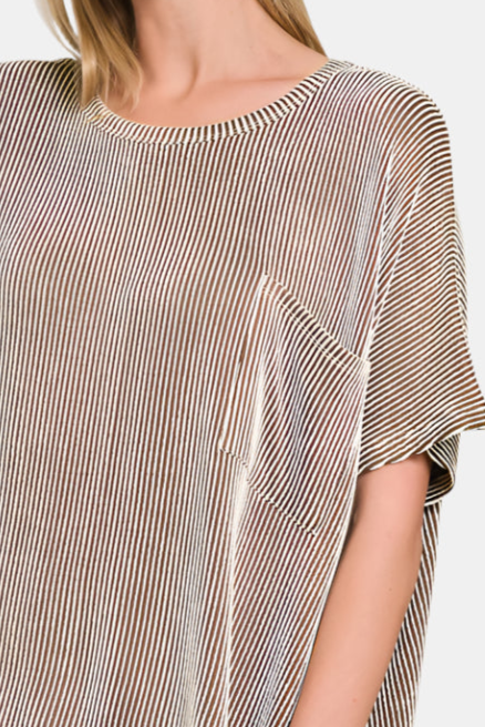 Corded Rib Oversized Short Sleeve Top / BROWN