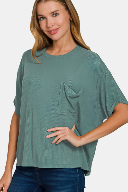 Oversized Ribbed Round Neck Short Sleeve Tee / ASH JADE