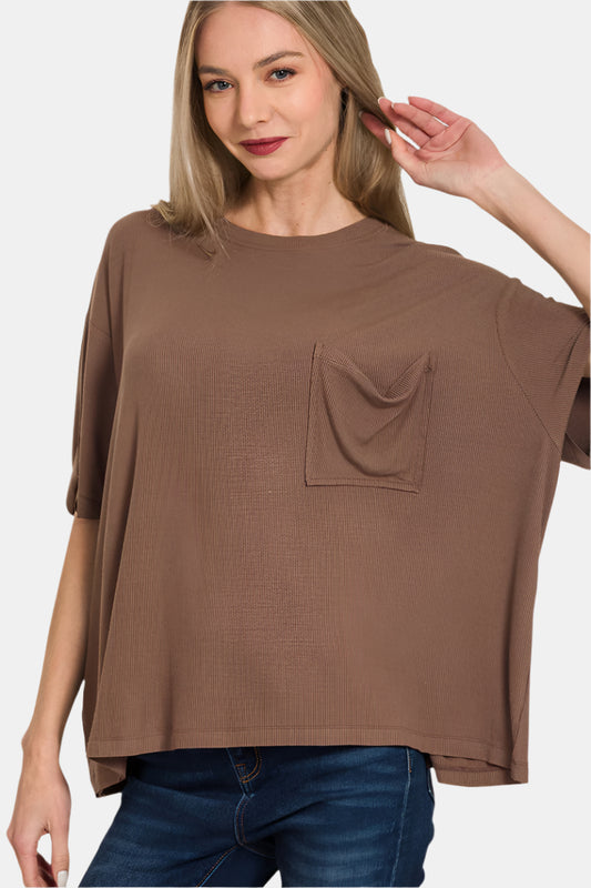 Oversized Ribbed Round Neck Short Sleeve Tee / BROWN