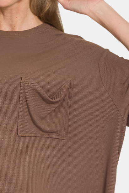 Oversized Ribbed Round Neck Short Sleeve Tee / BROWN