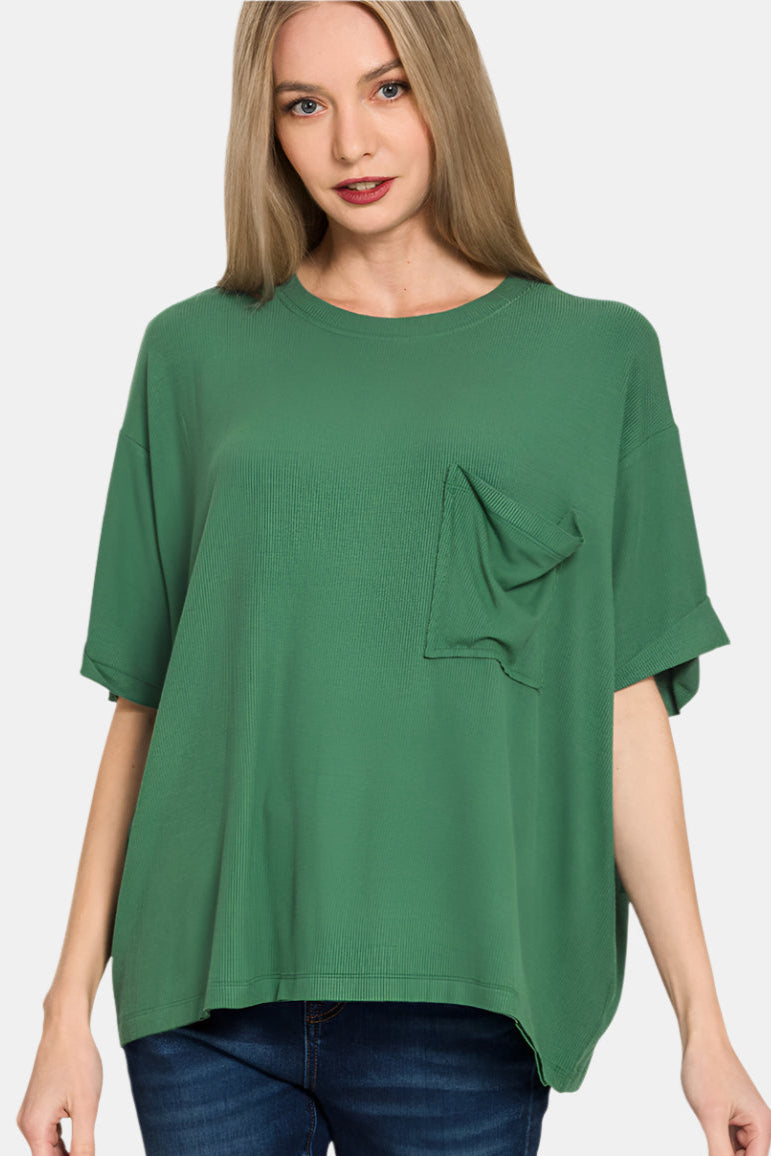 Oversized Ribbed Round Neck Short Sleeve Tee / DK GREEN