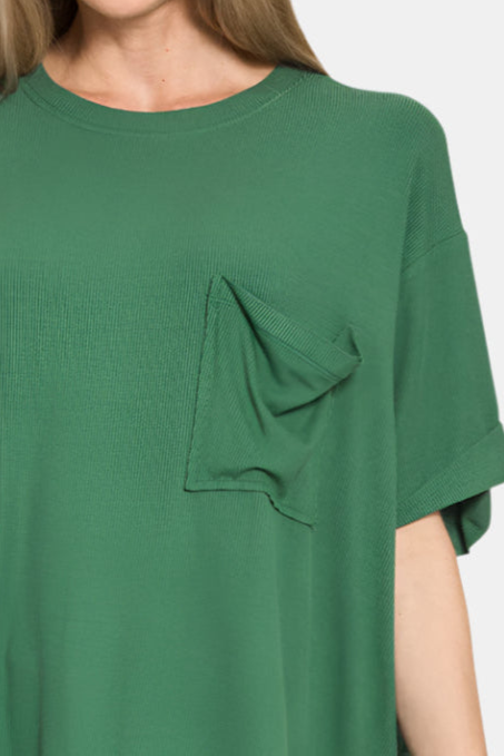 Oversized Ribbed Round Neck Short Sleeve Tee / DK GREEN