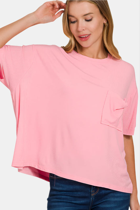 Oversized Ribbed Round Neck Short Sleeve Tee / DK PINK