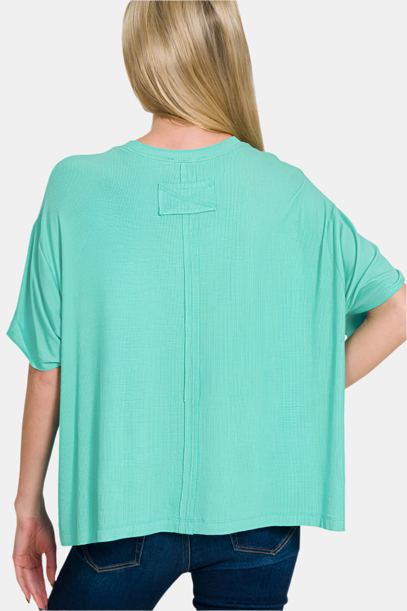 Oversized Ribbed Round Neck Short Sleeve Tee / DK GREEN