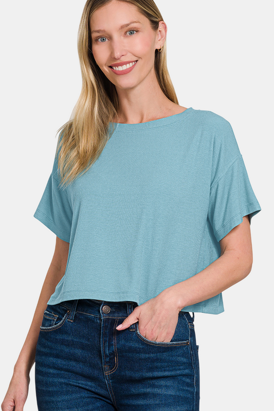 Ribbed Round-Neck Crop Box Tee / DUSTY TEAL
