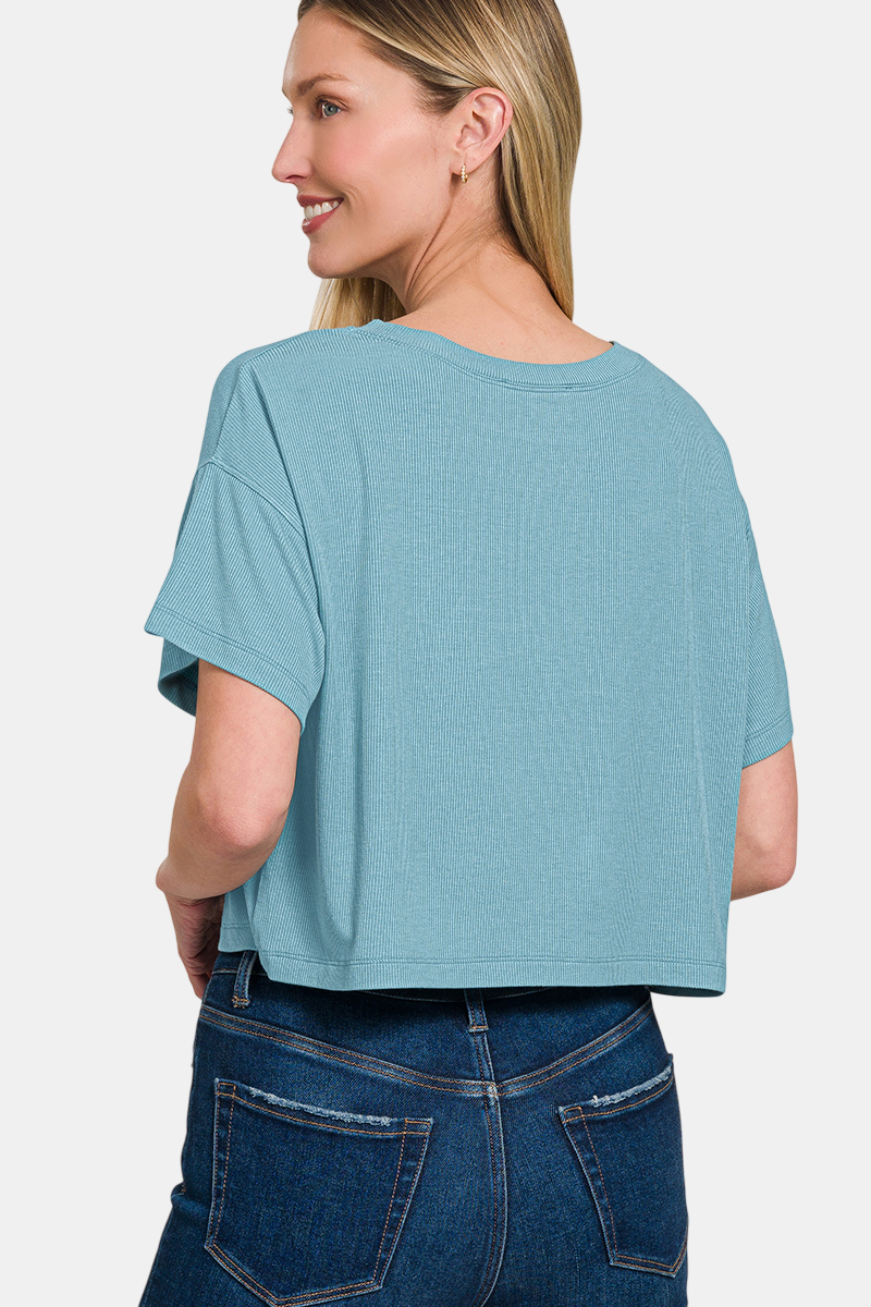 Ribbed Round-Neck Crop Box Tee / WHITE