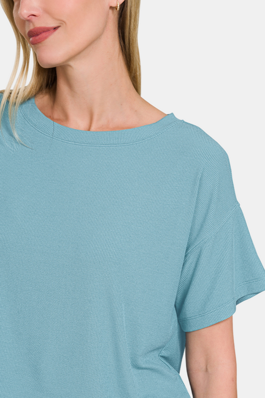 Ribbed Round-Neck Crop Box Tee / DUSTY TEAL
