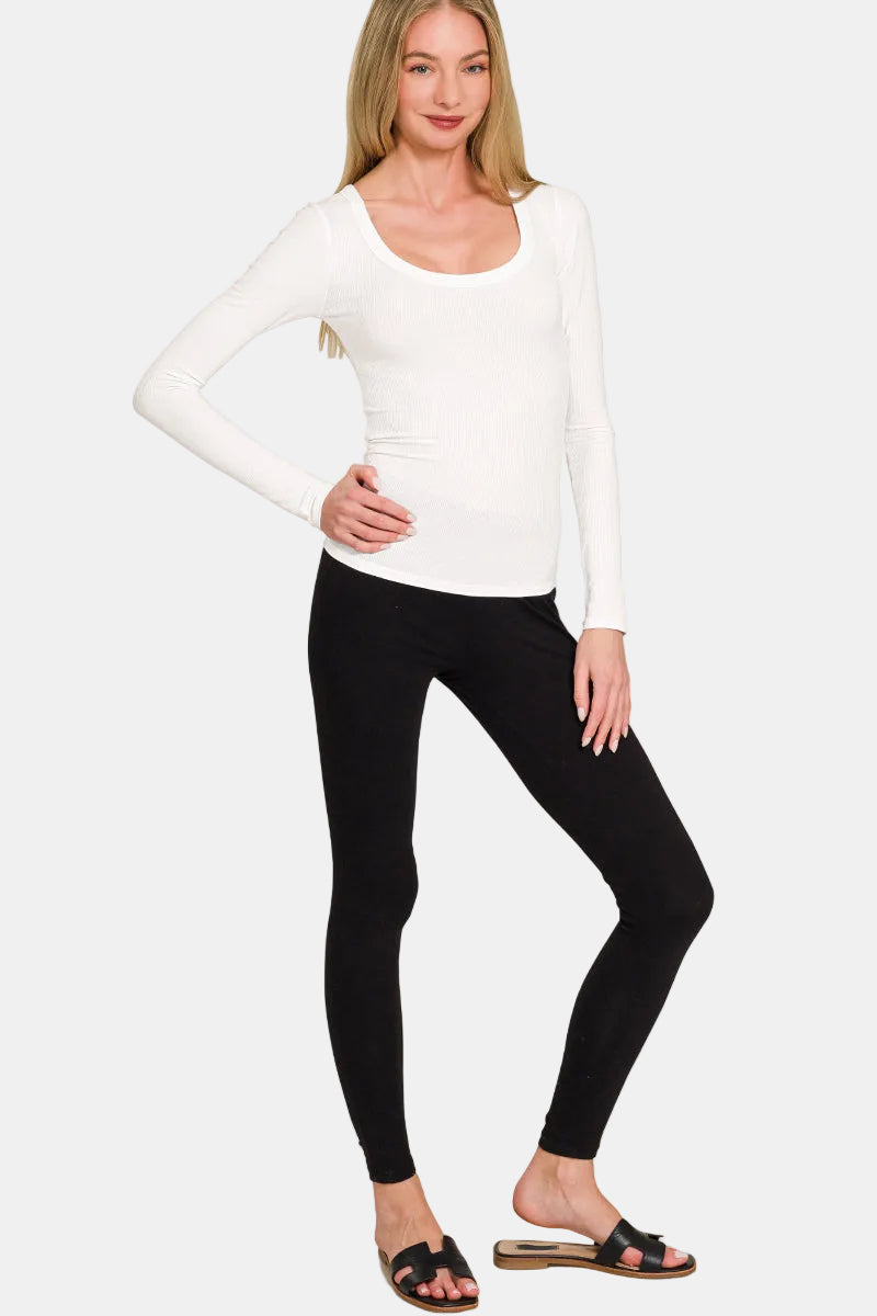 Ribbed Boat Neck Long Sleeve T-Shirt / SAND BEIGE