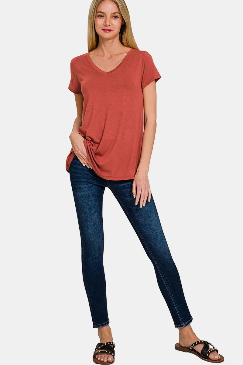 Rayon Short Sleeve V-Neck Round Hem Top / H GREY