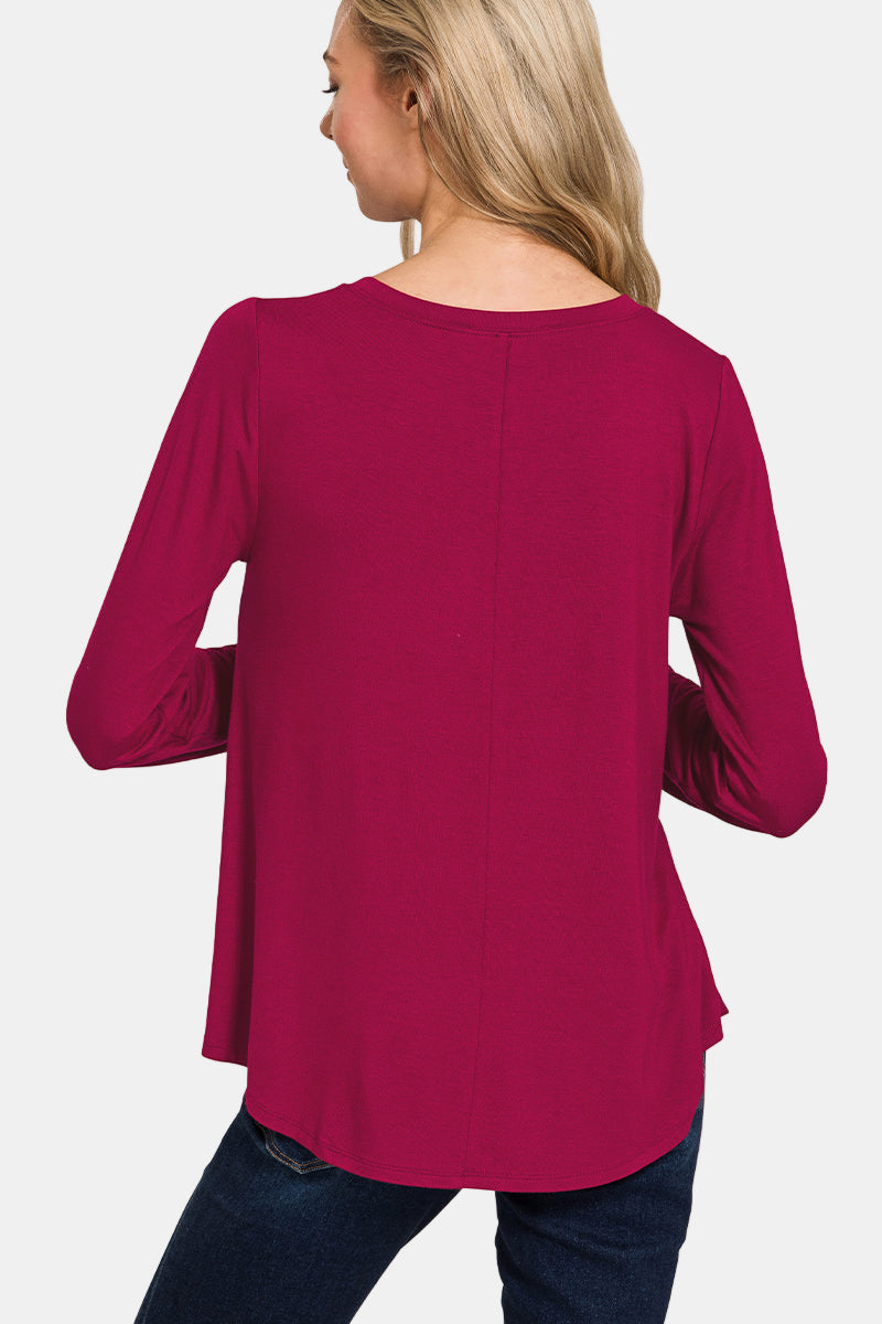Flowy Round Hem Rayon Long Sleeve Top / ASH MOCHA
