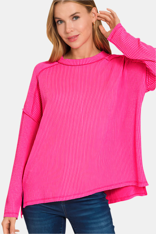 Raised Rib Raw Edge Boat Neck Long Sleeve Top / HOT PINK