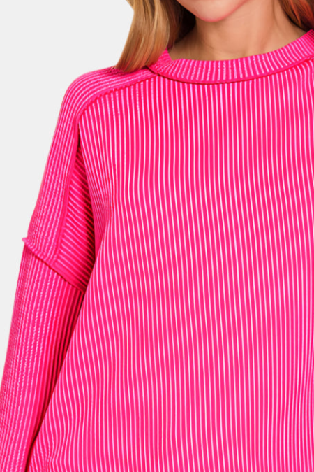 Raised Rib Raw Edge Boat Neck Long Sleeve Top / HOT PINK
