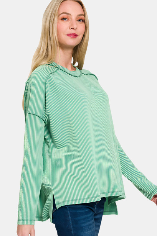 Raised Rib Raw Edge Boat Neck Long Sleeve Top / LT JADE