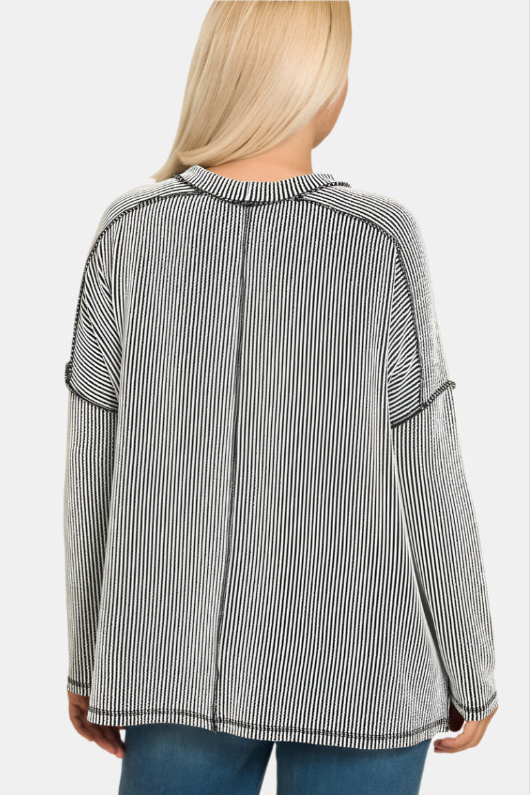 Raised Rib Raw Edge Boat Neck Long Sleeve Top / BLACK