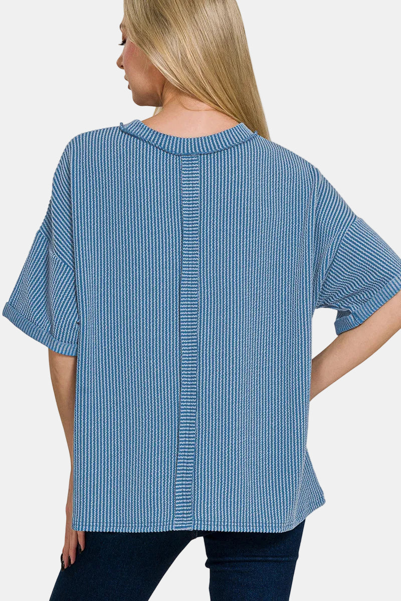 Raised Rib Short Sleeve Front Pocket Top / NAVY