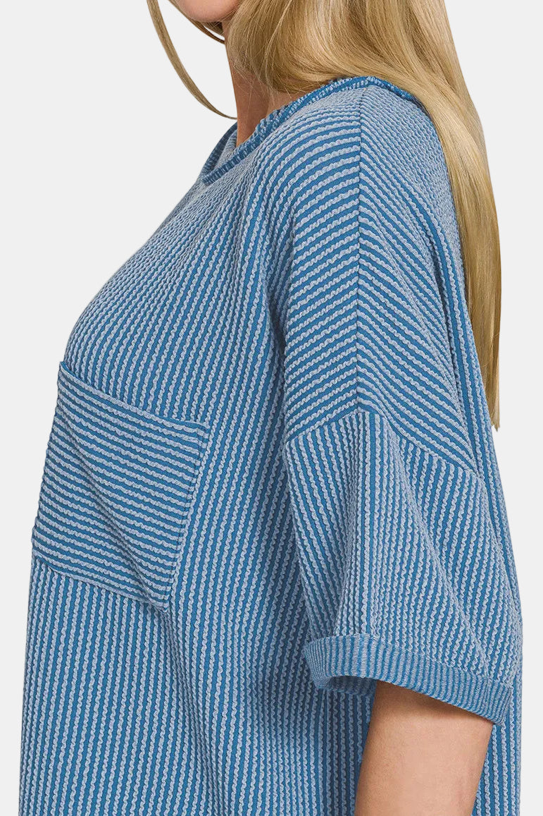 Raised Rib Short Sleeve Front Pocket Top / NAVY