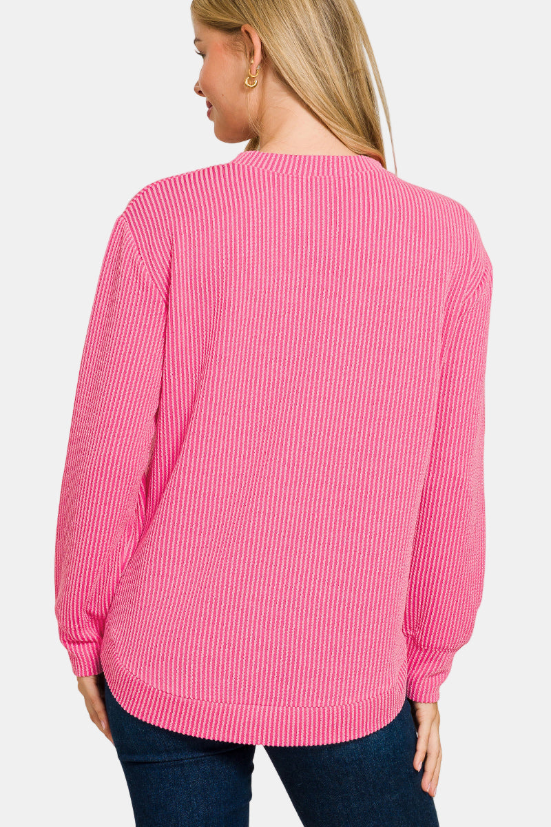 Raised Rib Round Neck Long Sleeve Top / ASH MOCHA