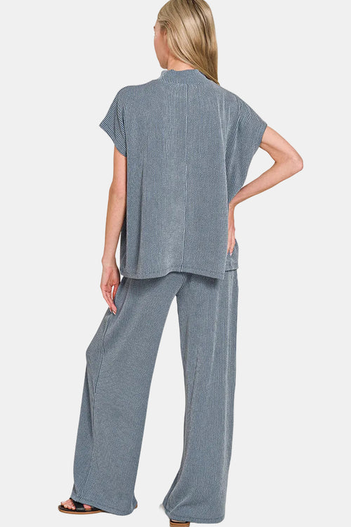 Raised Rib Mock Neck Tee & Pants Set / PINK