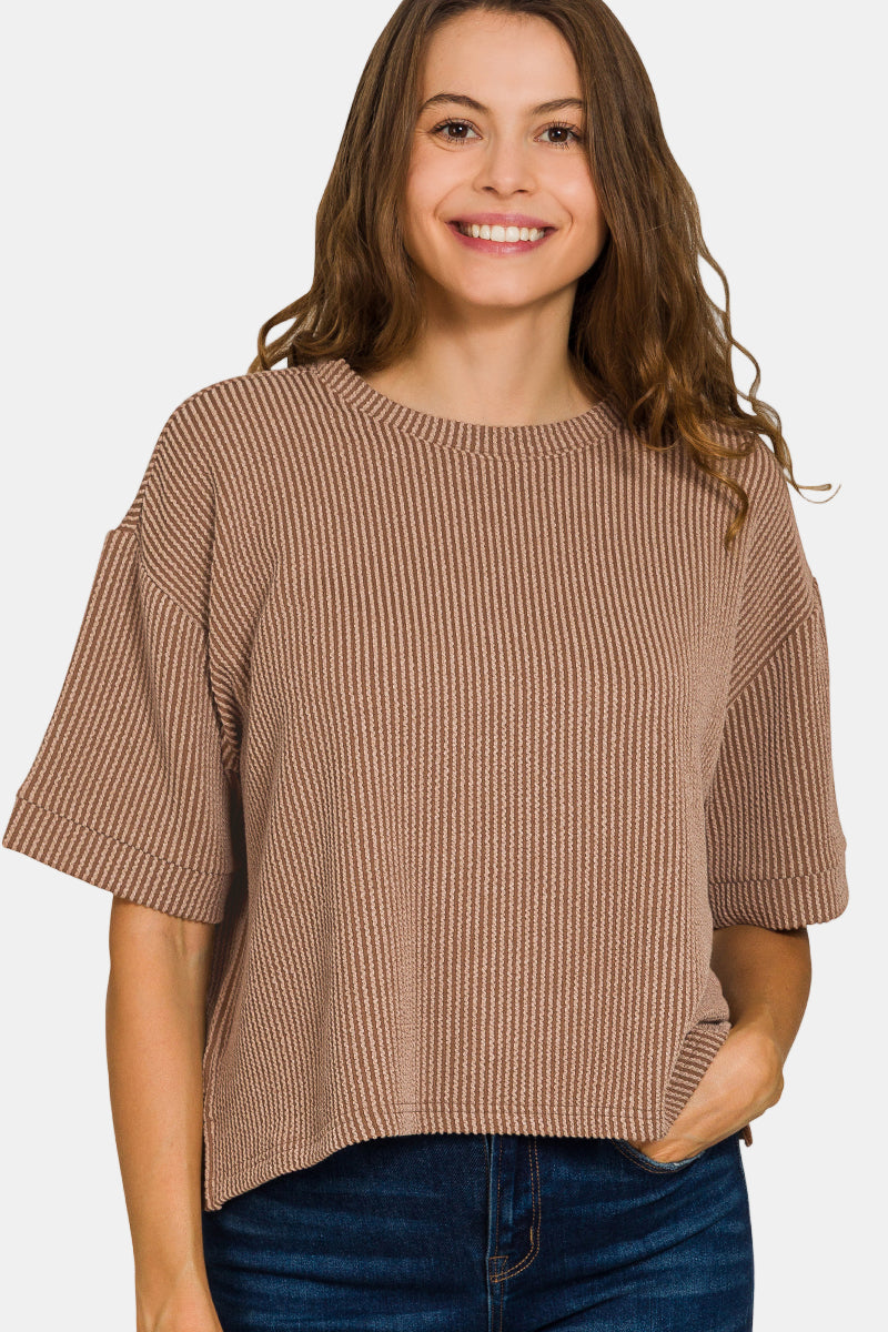 Raised Rib Short Sleeve Tee & Pants Set / RUBY