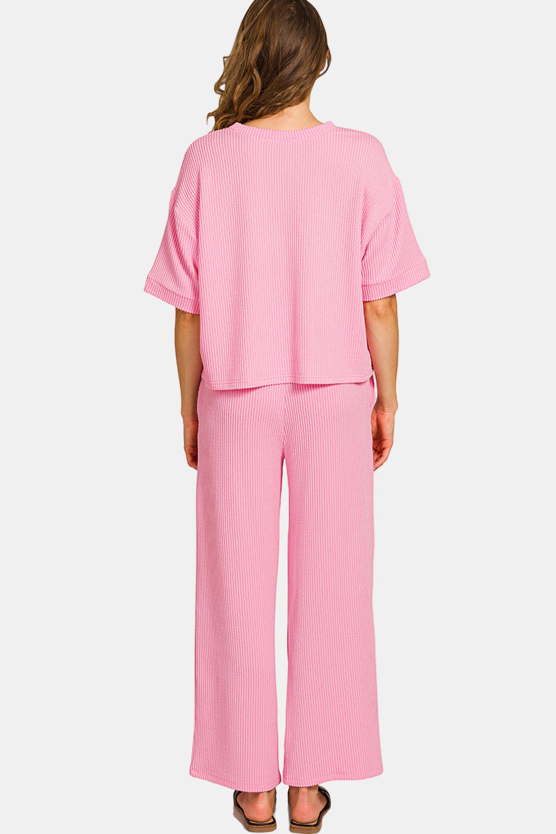 Raised Rib Short Sleeve Tee & Pants Set / RUBY