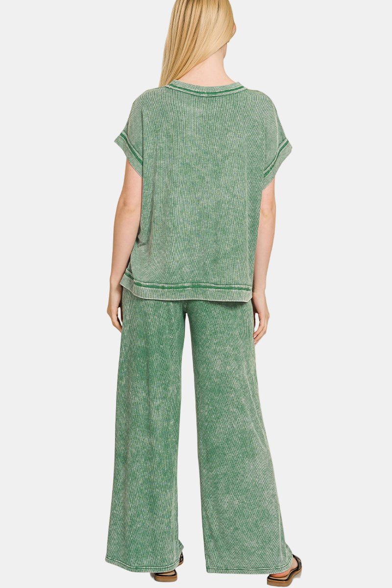 Ribbed Acid Wash Rayon Top & Pants Set / ASH BLACK