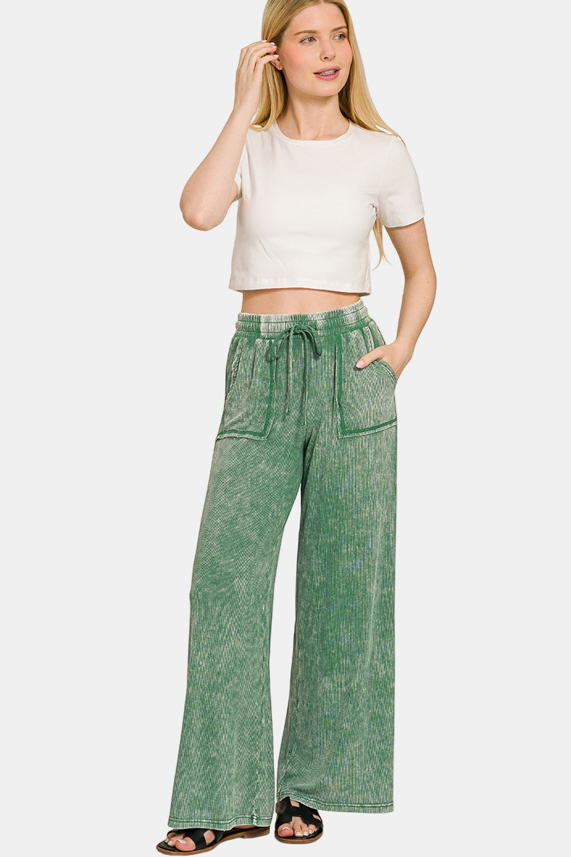 Ribbed Acid Wash Rayon Top & Pants Set / ASH BLACK