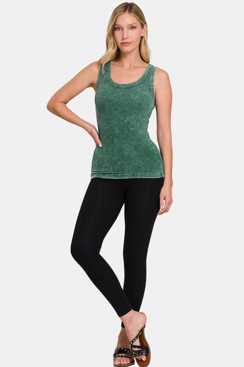 Washed Ribbed Scoop Neck Tank Top / FUCHSIA