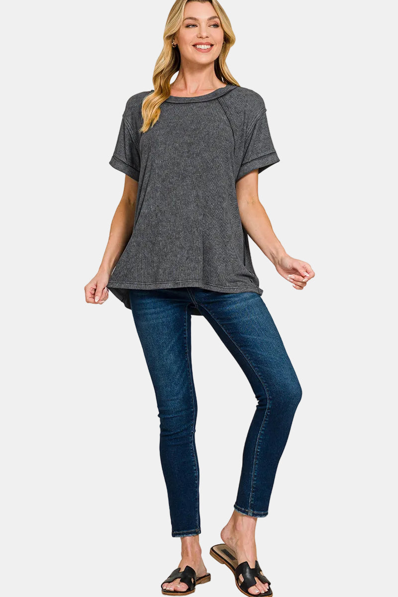 Washed Ribbed Cuffed Short Sleeve Round Neck Top / CABERNET