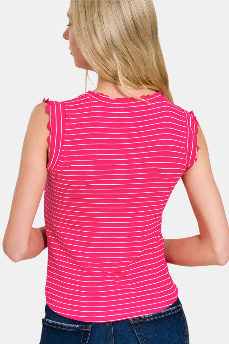 Ribbed Ruffle Trim Sleeveless Stripe Top / RUBY/WHITE