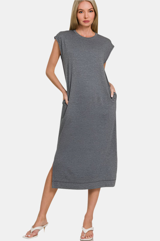 French Terry Sleeveless Round Neck Midi Dress / BLACK