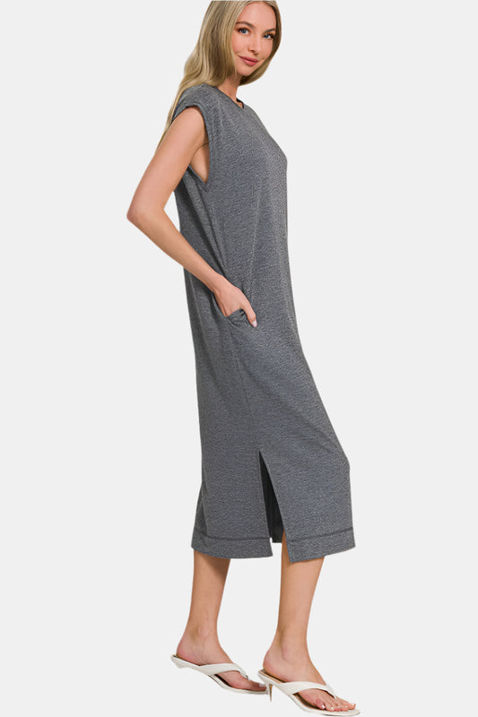 French Terry Sleeveless Round Neck Midi Dress / BLACK