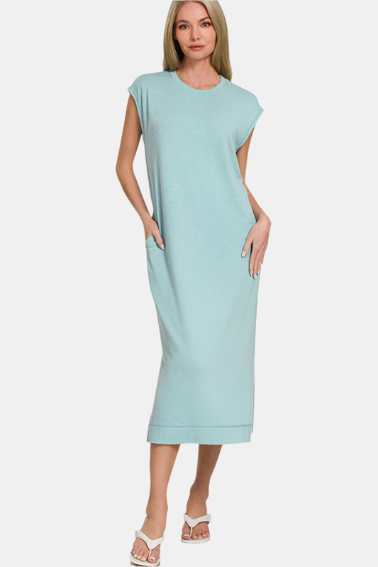 French Terry Sleeveless Round Neck Midi Dress / DUSTY TEAL