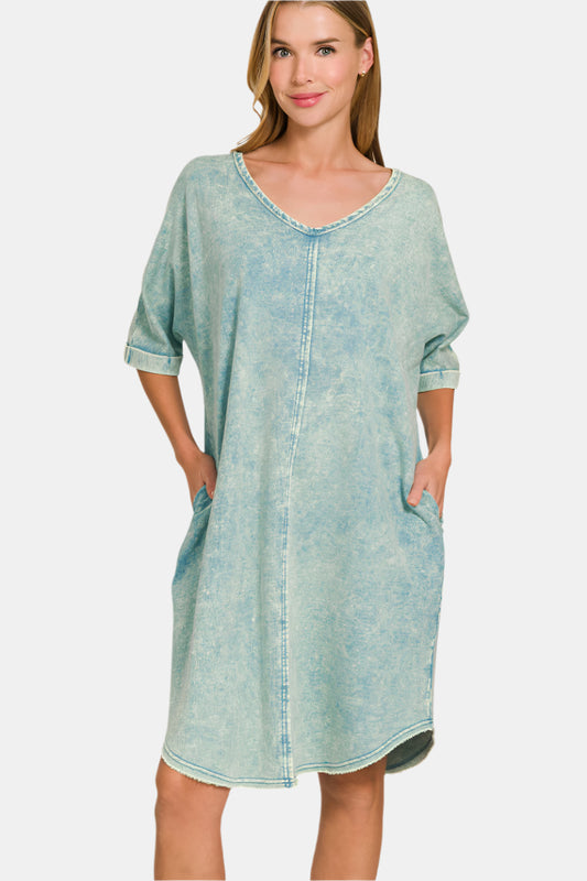 Acid-Washed French Terry Tee Shirt Dress / ASH BLUE