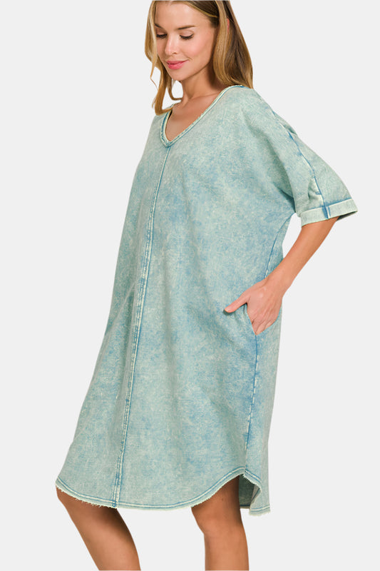 Acid-Washed French Terry Tee Shirt Dress / ASH BLUE