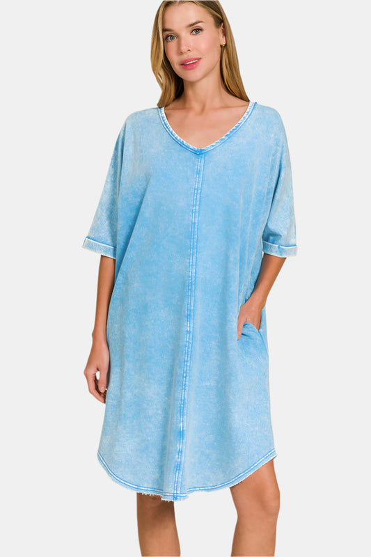Acid-Washed French Terry Tee Shirt Dress / DEEP SKY