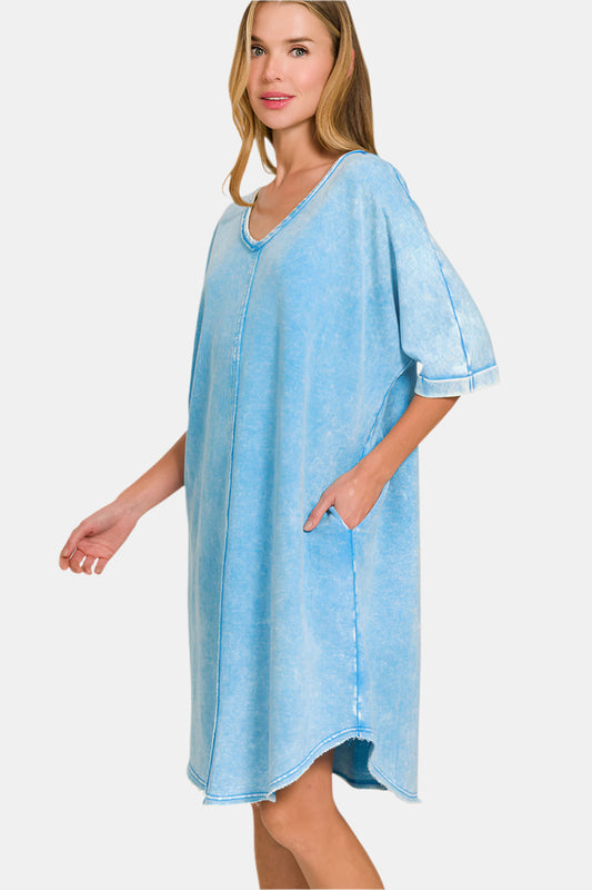 Acid-Washed French Terry Tee Shirt Dress / DEEP SKY