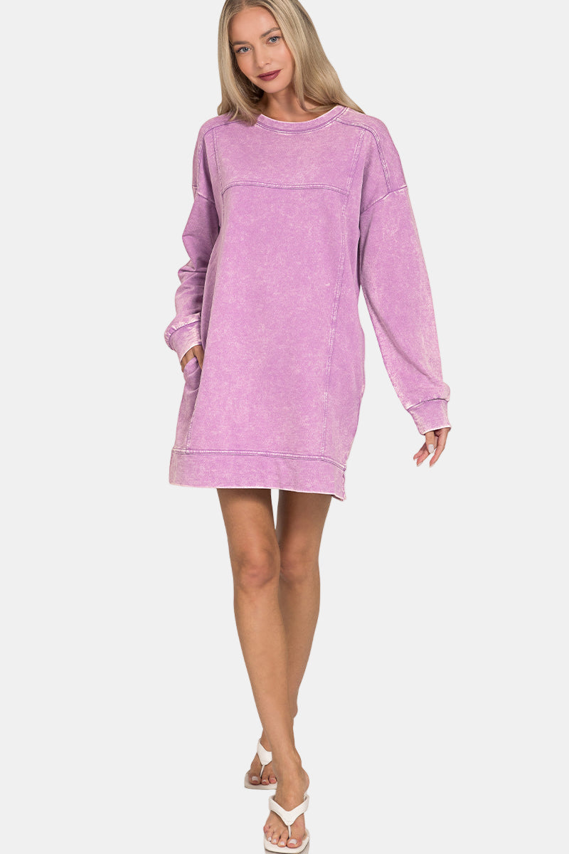 French Terry Acid Washed Dress with Pockets / ASH BLUE